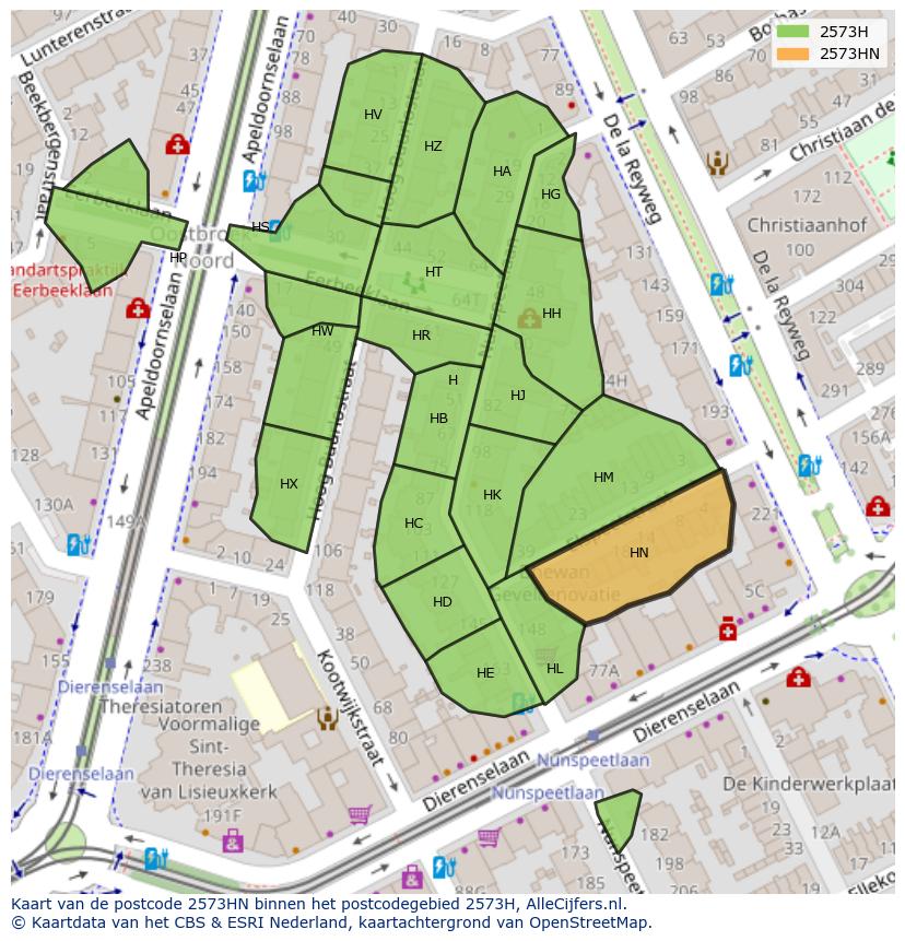 Afbeelding van het postcodegebied 2573 HN op de kaart.
