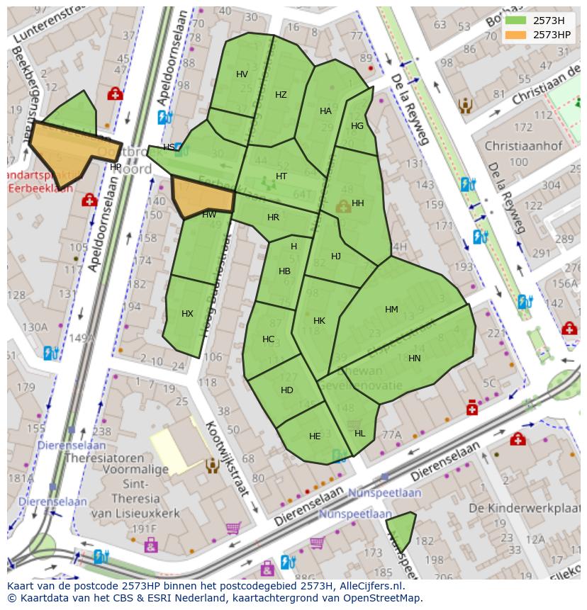 Afbeelding van het postcodegebied 2573 HP op de kaart.