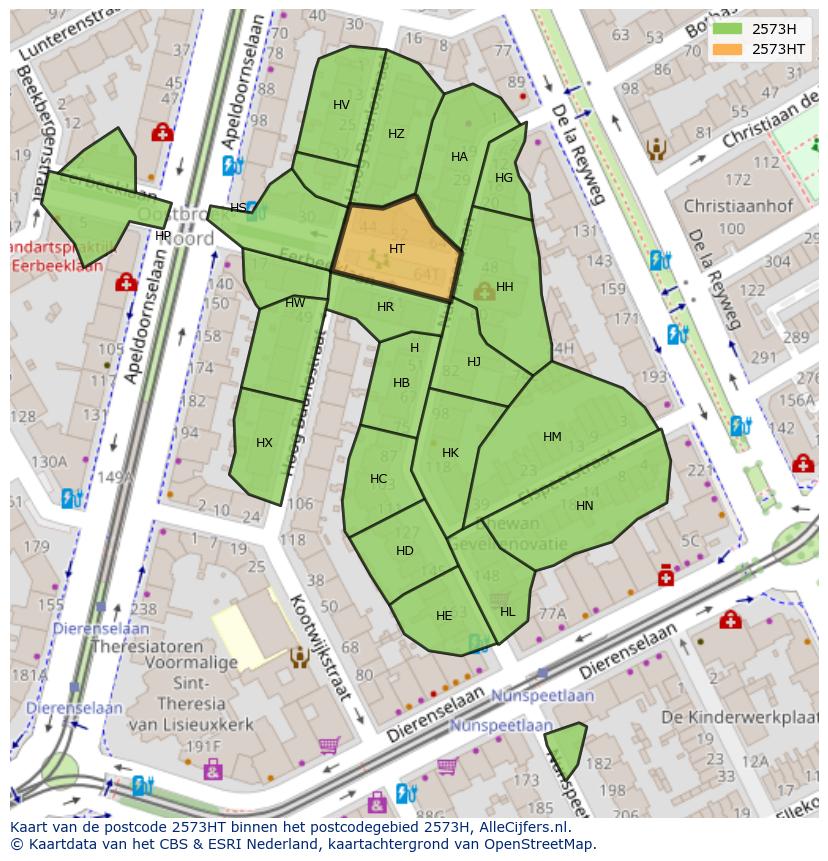Afbeelding van het postcodegebied 2573 HT op de kaart.