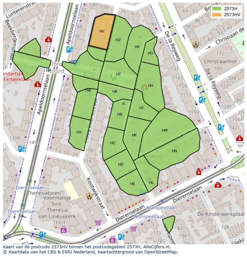 Afbeelding van het postcodegebied 2573 HV op de kaart.