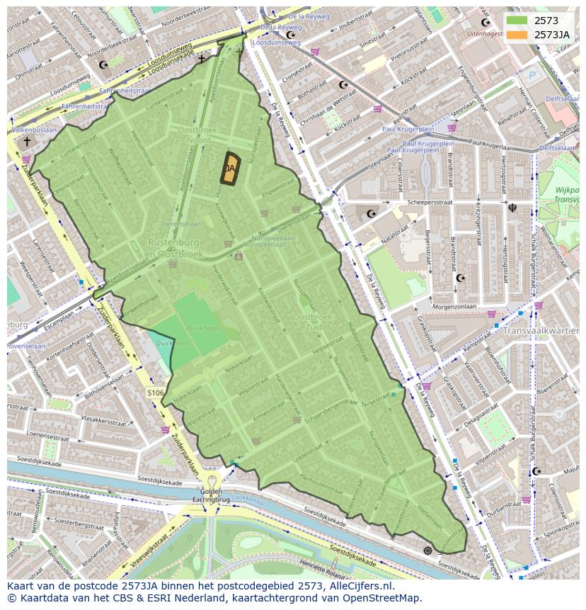 Afbeelding van het postcodegebied 2573 JA op de kaart.