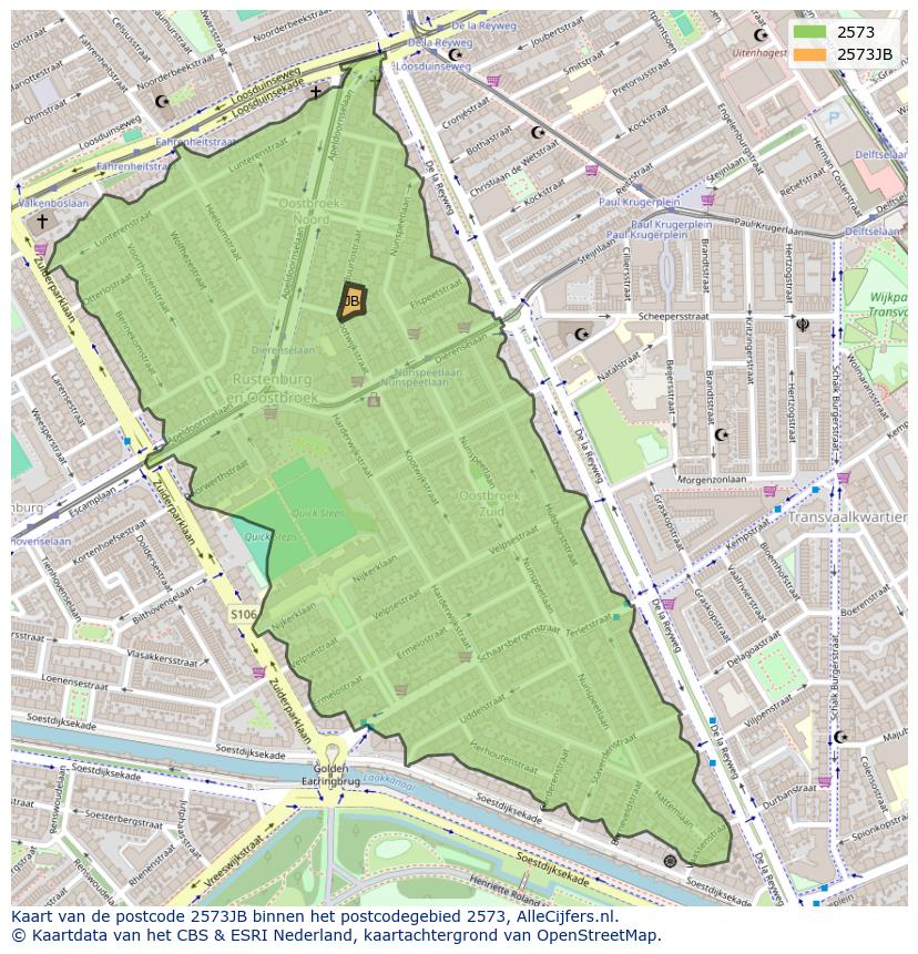 Afbeelding van het postcodegebied 2573 JB op de kaart.