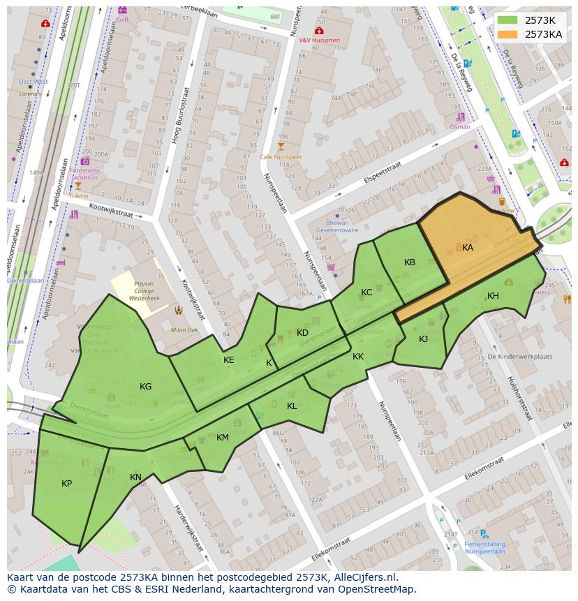 Afbeelding van het postcodegebied 2573 KA op de kaart.