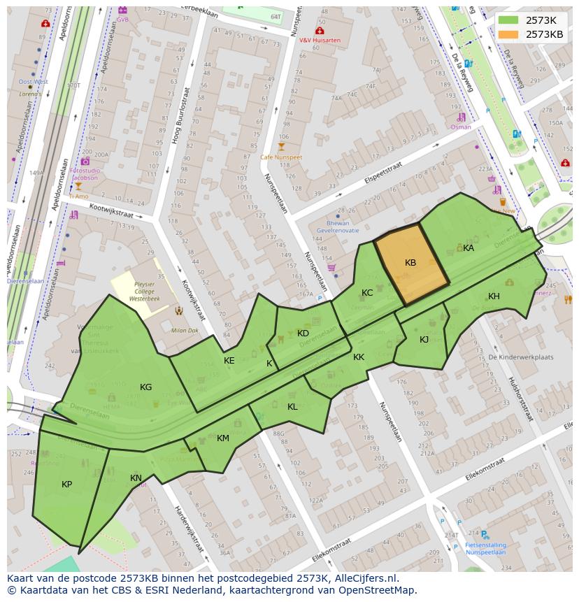 Afbeelding van het postcodegebied 2573 KB op de kaart.