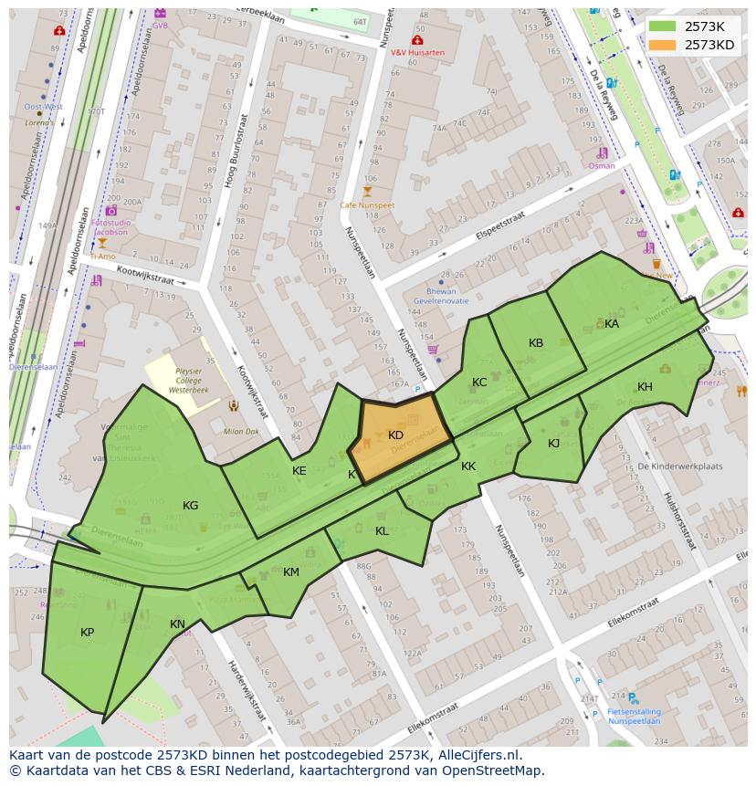 Afbeelding van het postcodegebied 2573 KD op de kaart.