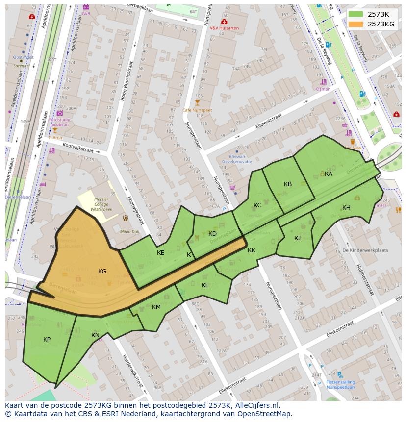 Afbeelding van het postcodegebied 2573 KG op de kaart.