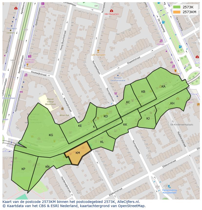Afbeelding van het postcodegebied 2573 KM op de kaart.