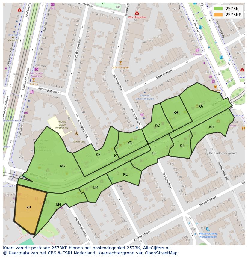 Afbeelding van het postcodegebied 2573 KP op de kaart.