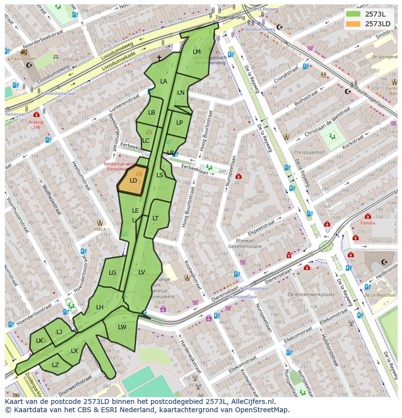 Afbeelding van het postcodegebied 2573 LD op de kaart.