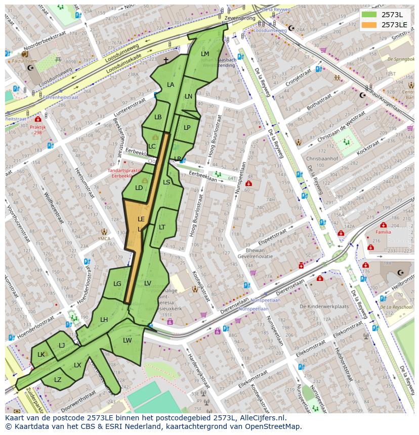 Afbeelding van het postcodegebied 2573 LE op de kaart.