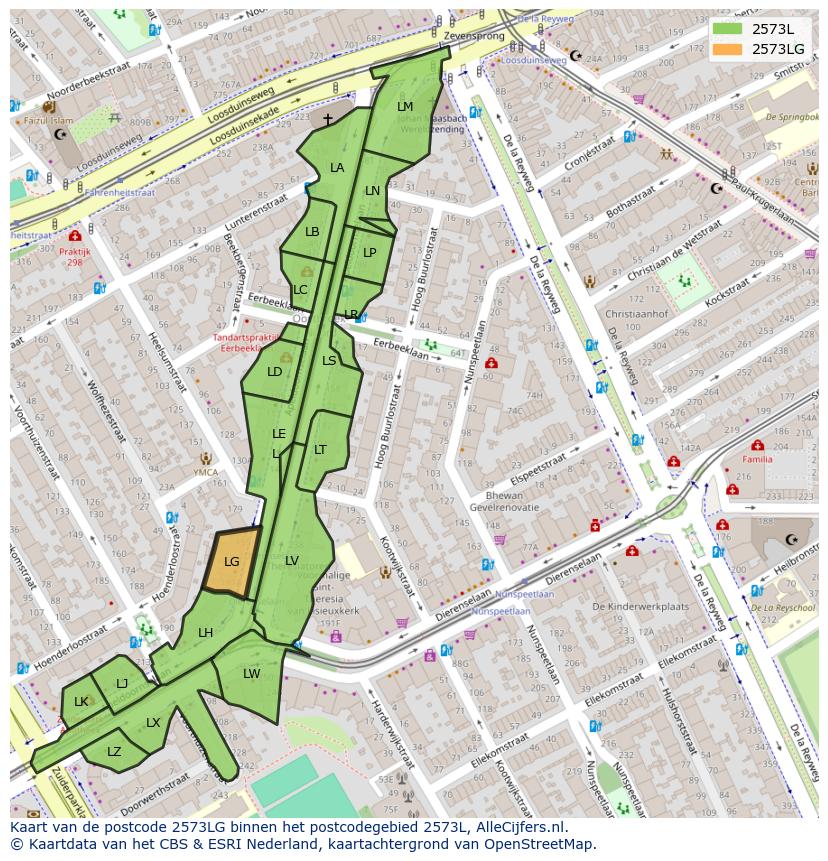 Afbeelding van het postcodegebied 2573 LG op de kaart.