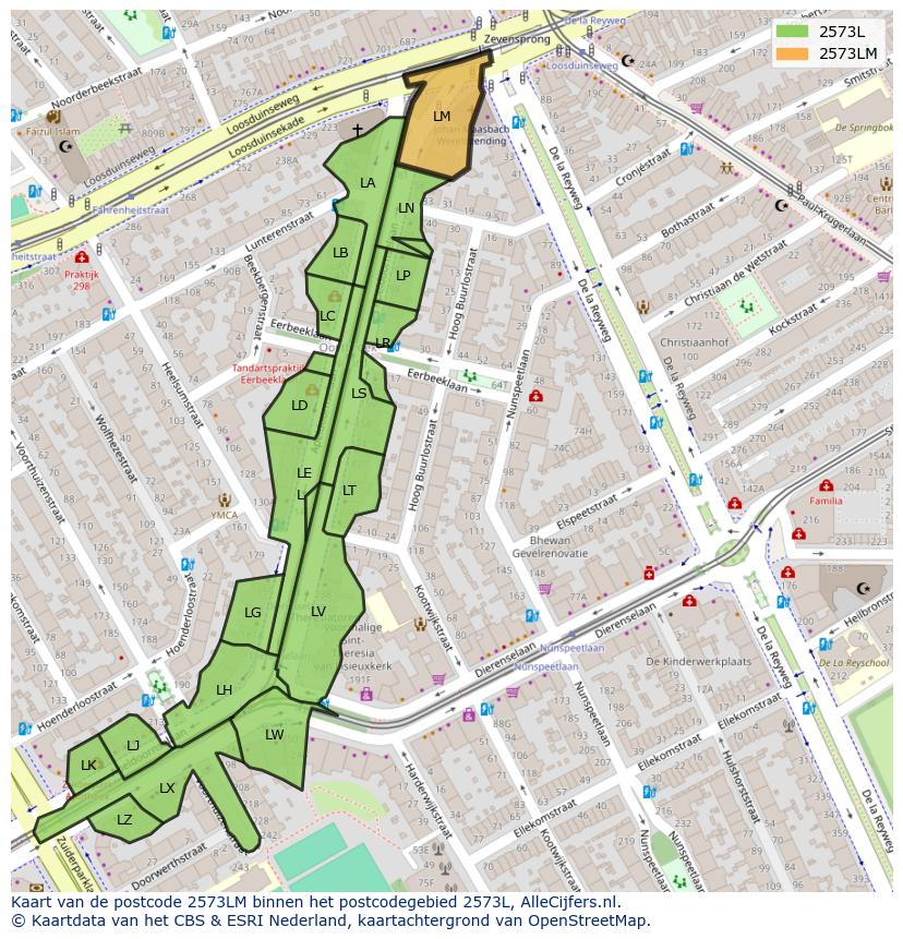Afbeelding van het postcodegebied 2573 LM op de kaart.