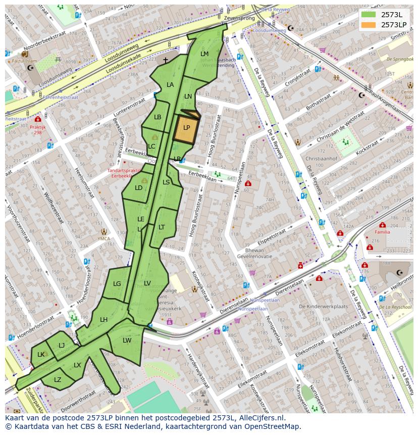 Afbeelding van het postcodegebied 2573 LP op de kaart.
