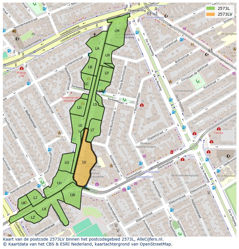 Afbeelding van het postcodegebied 2573 LV op de kaart.