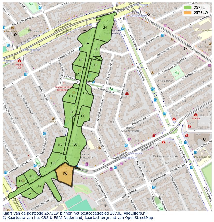 Afbeelding van het postcodegebied 2573 LW op de kaart.