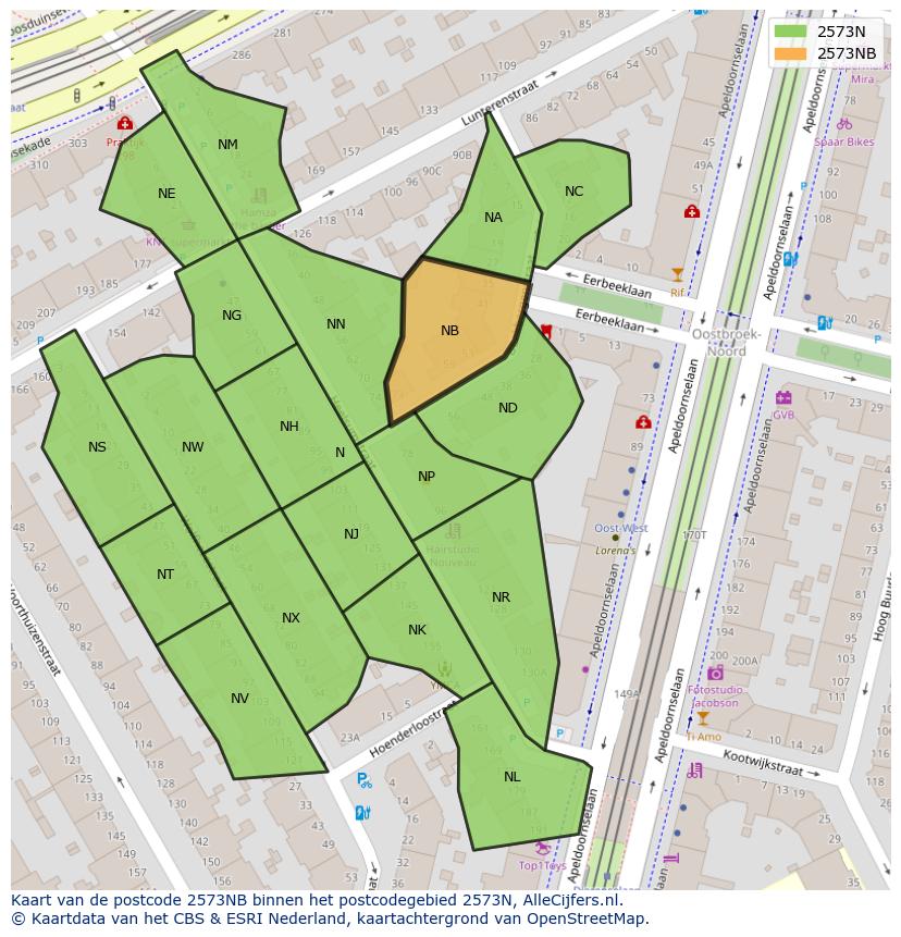 Afbeelding van het postcodegebied 2573 NB op de kaart.