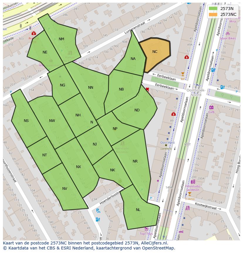 Afbeelding van het postcodegebied 2573 NC op de kaart.