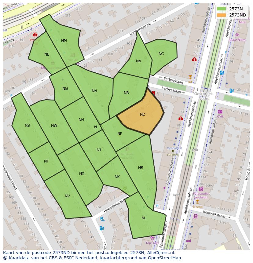 Afbeelding van het postcodegebied 2573 ND op de kaart.