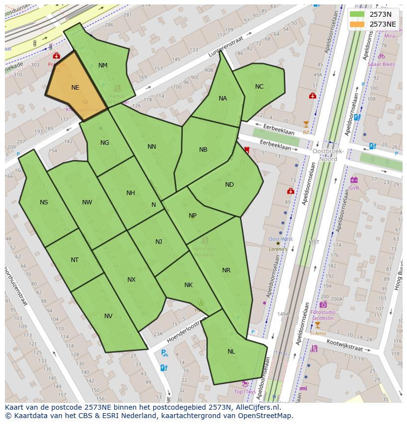 Afbeelding van het postcodegebied 2573 NE op de kaart.