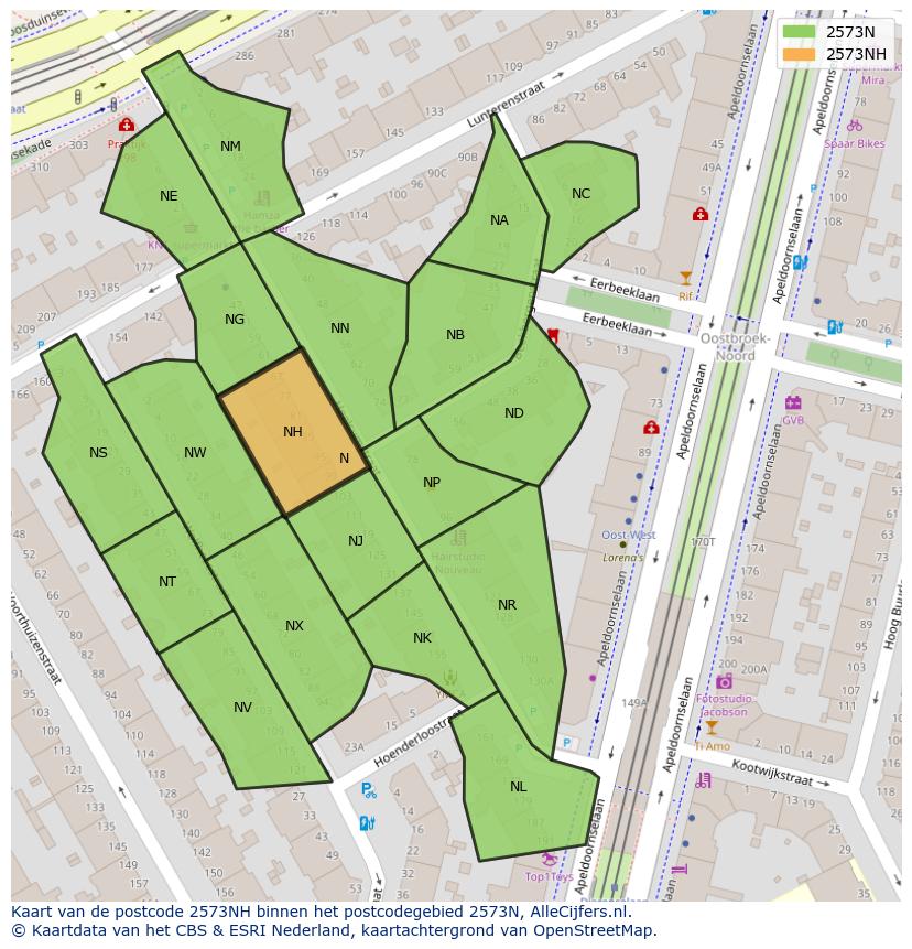Afbeelding van het postcodegebied 2573 NH op de kaart.