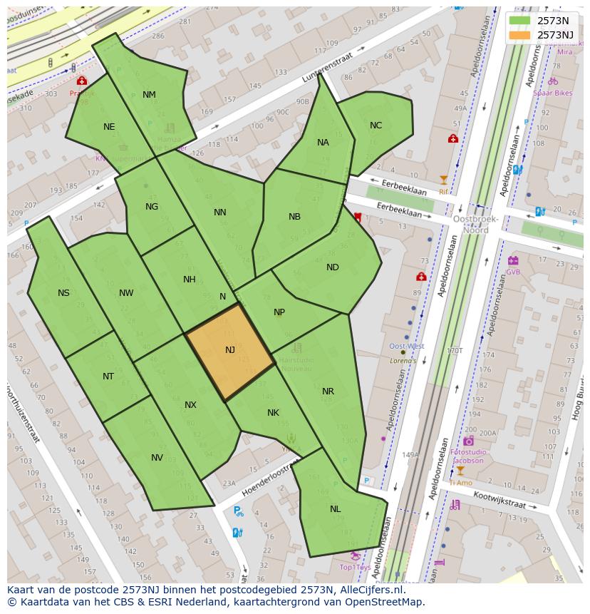 Afbeelding van het postcodegebied 2573 NJ op de kaart.