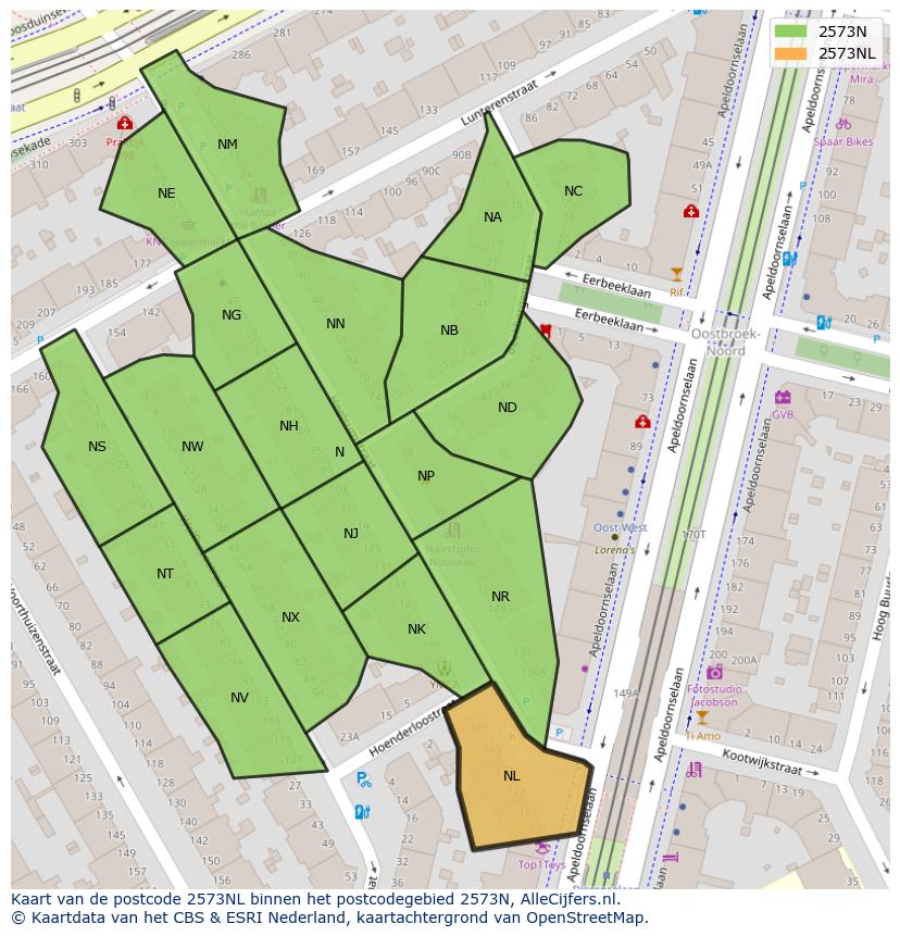 Afbeelding van het postcodegebied 2573 NL op de kaart.