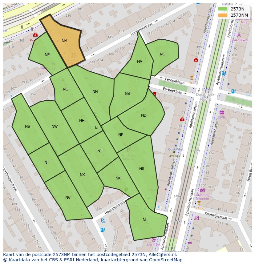 Afbeelding van het postcodegebied 2573 NM op de kaart.