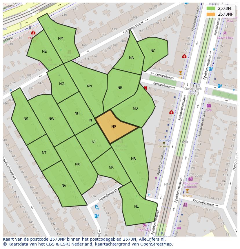 Afbeelding van het postcodegebied 2573 NP op de kaart.