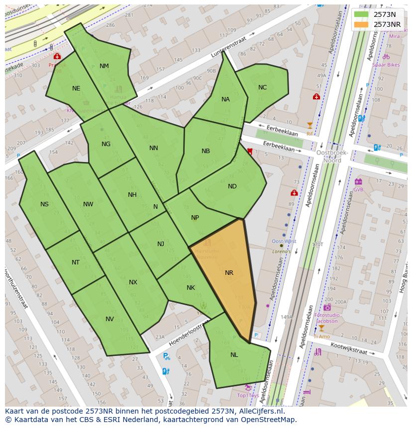Afbeelding van het postcodegebied 2573 NR op de kaart.