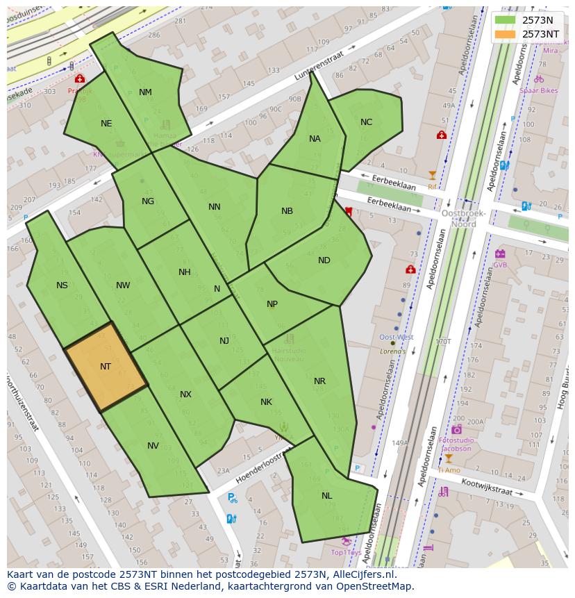 Afbeelding van het postcodegebied 2573 NT op de kaart.