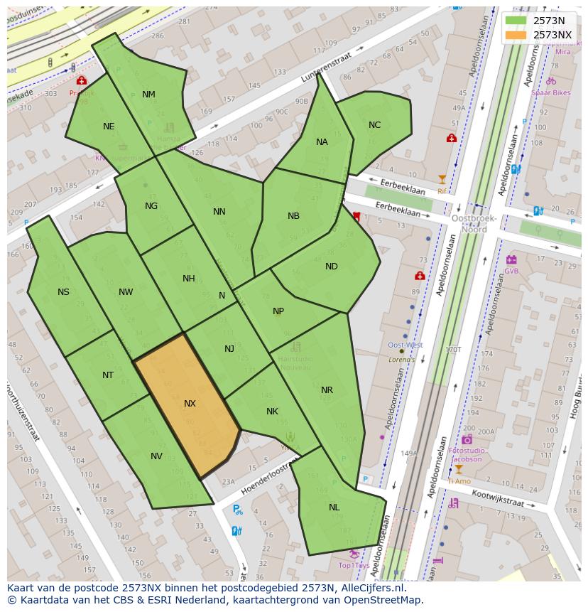 Afbeelding van het postcodegebied 2573 NX op de kaart.