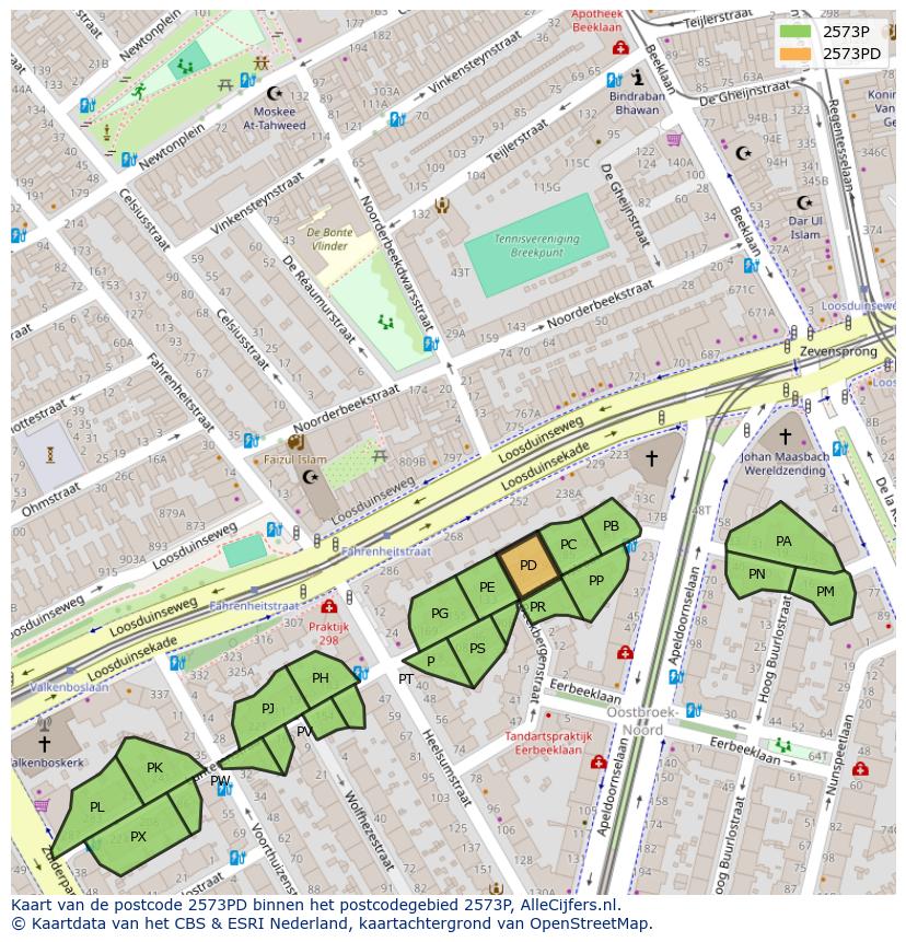 Afbeelding van het postcodegebied 2573 PD op de kaart.