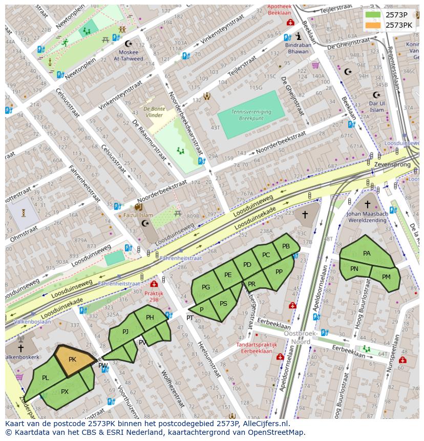 Afbeelding van het postcodegebied 2573 PK op de kaart.