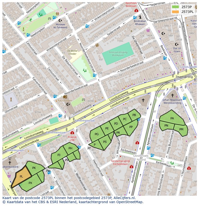 Afbeelding van het postcodegebied 2573 PL op de kaart.