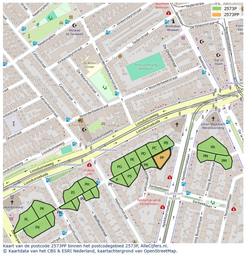 Afbeelding van het postcodegebied 2573 PP op de kaart.