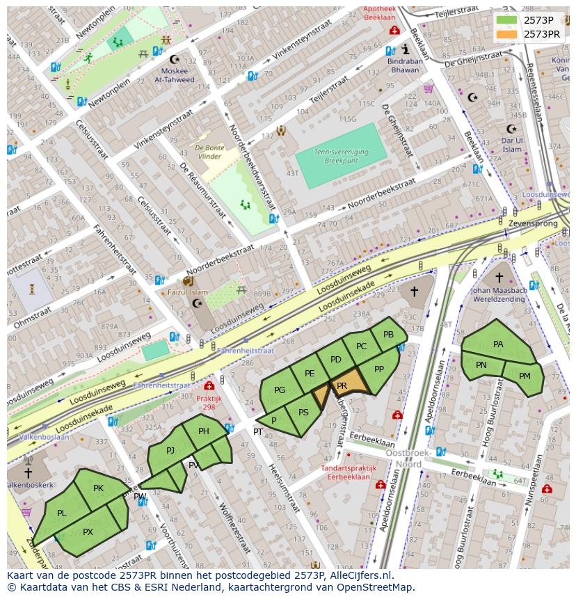 Afbeelding van het postcodegebied 2573 PR op de kaart.