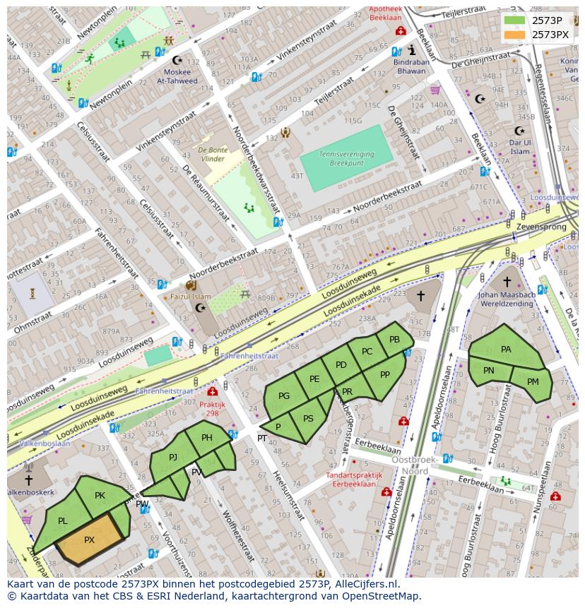 Afbeelding van het postcodegebied 2573 PX op de kaart.