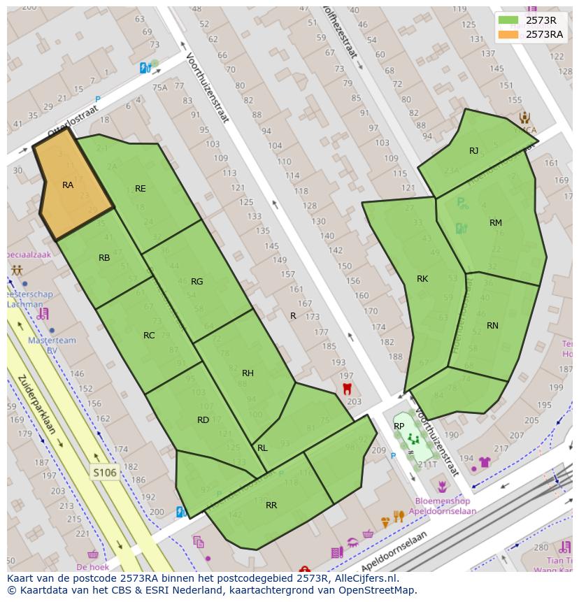 Afbeelding van het postcodegebied 2573 RA op de kaart.