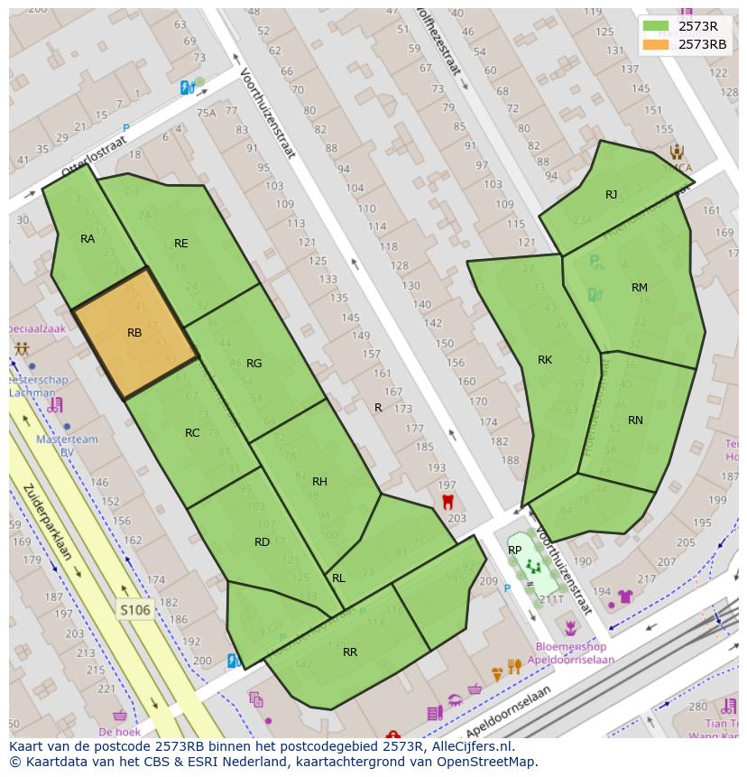 Afbeelding van het postcodegebied 2573 RB op de kaart.