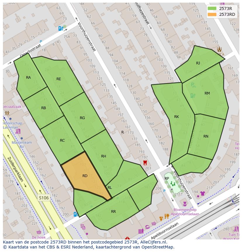 Afbeelding van het postcodegebied 2573 RD op de kaart.