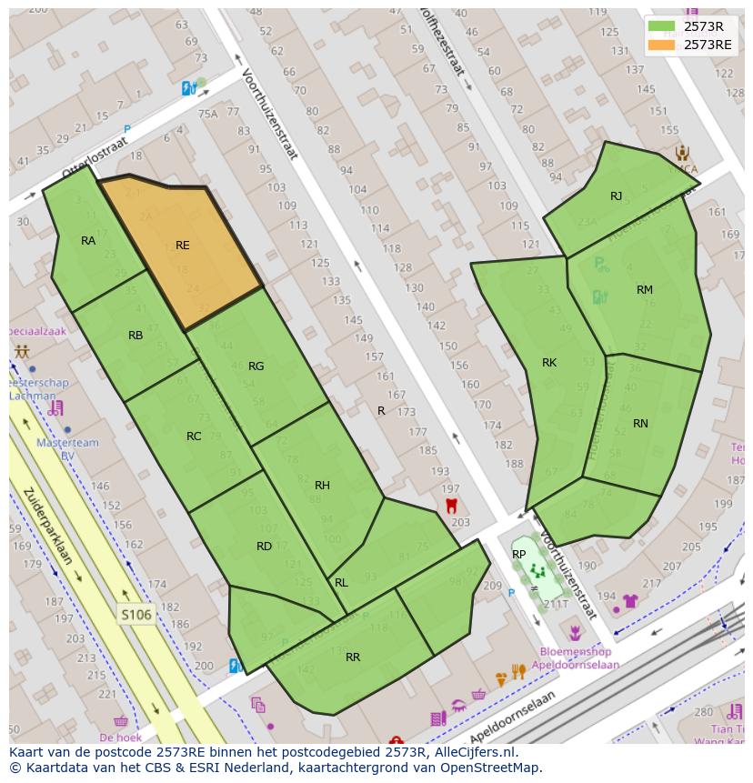 Afbeelding van het postcodegebied 2573 RE op de kaart.
