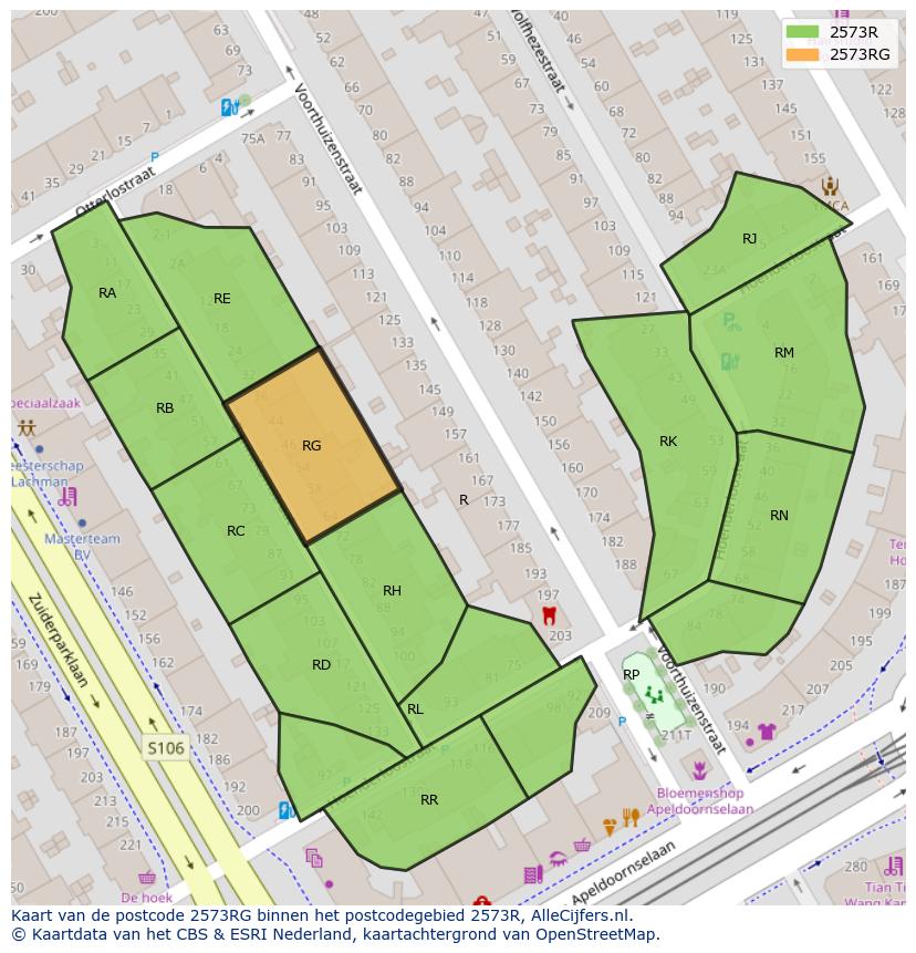 Afbeelding van het postcodegebied 2573 RG op de kaart.