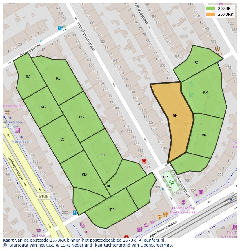 Afbeelding van het postcodegebied 2573 RK op de kaart.
