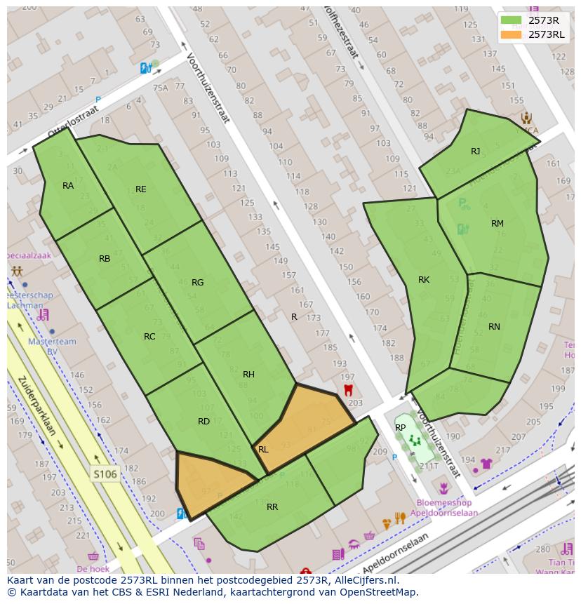 Afbeelding van het postcodegebied 2573 RL op de kaart.