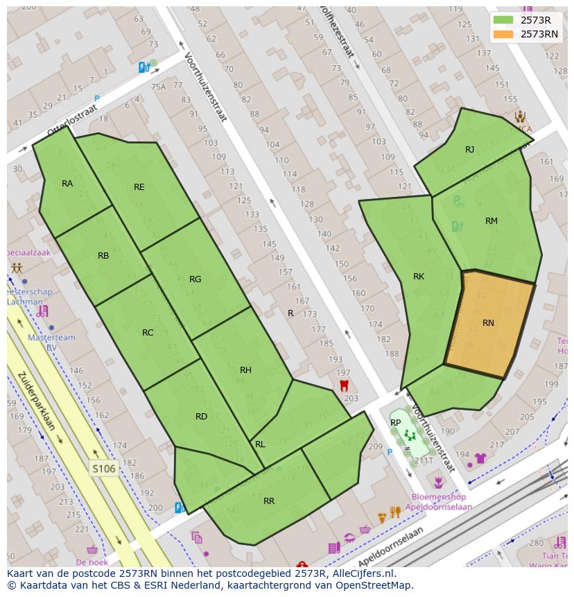 Afbeelding van het postcodegebied 2573 RN op de kaart.