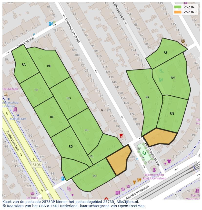 Afbeelding van het postcodegebied 2573 RP op de kaart.