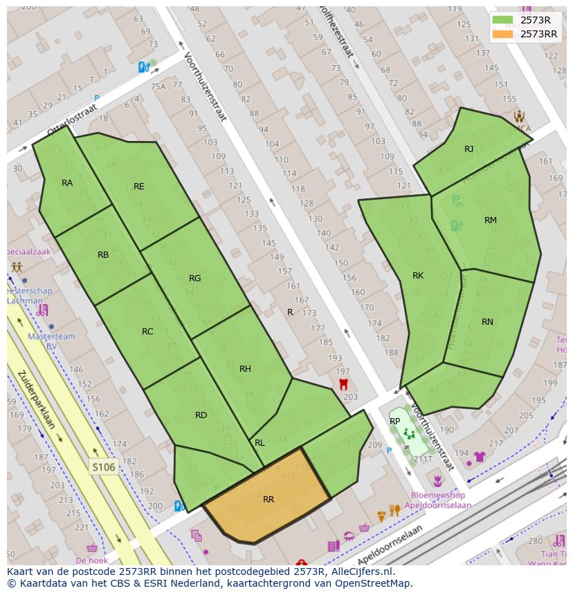 Afbeelding van het postcodegebied 2573 RR op de kaart.