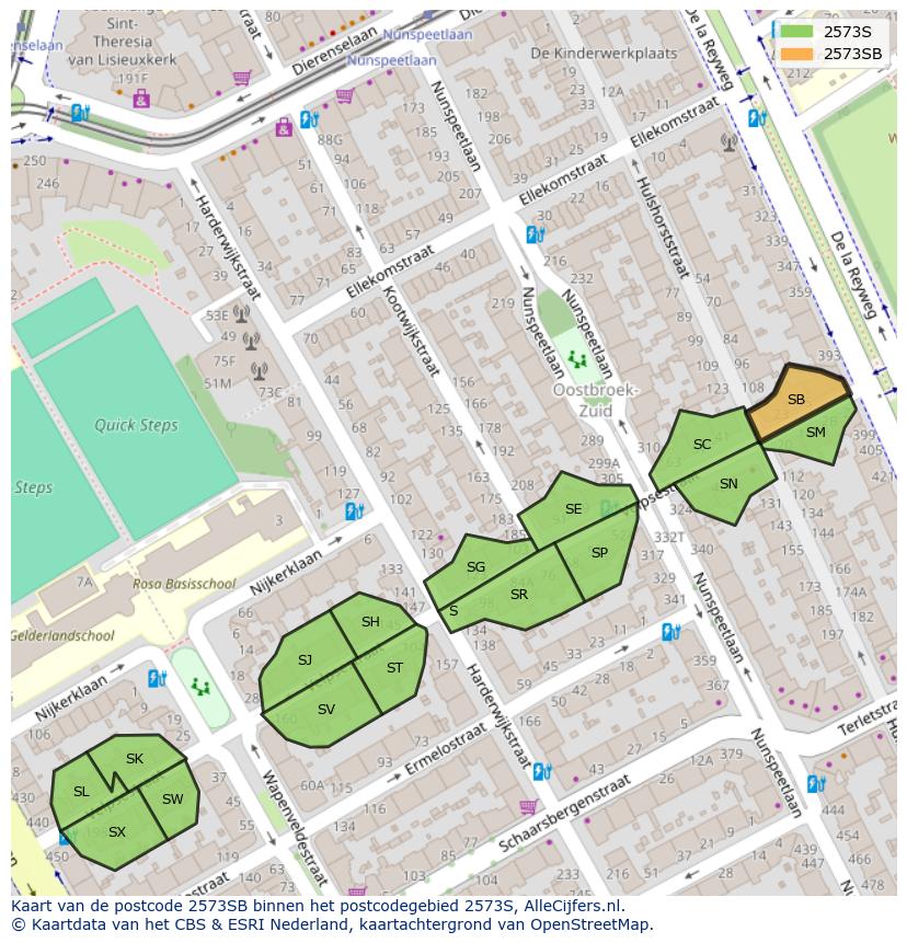 Afbeelding van het postcodegebied 2573 SB op de kaart.