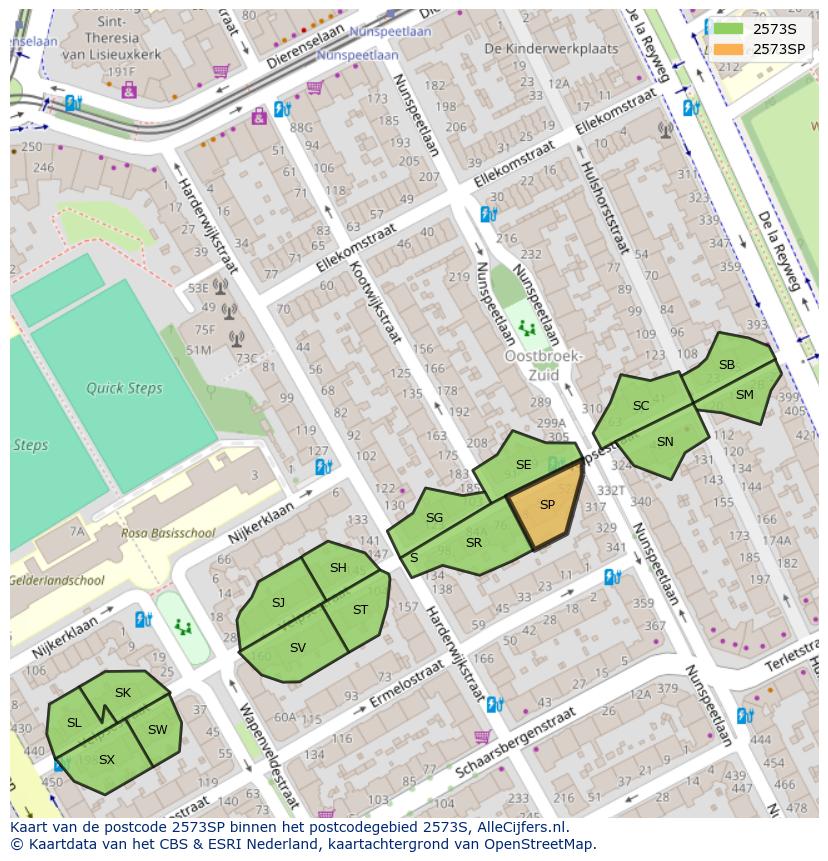 Afbeelding van het postcodegebied 2573 SP op de kaart.