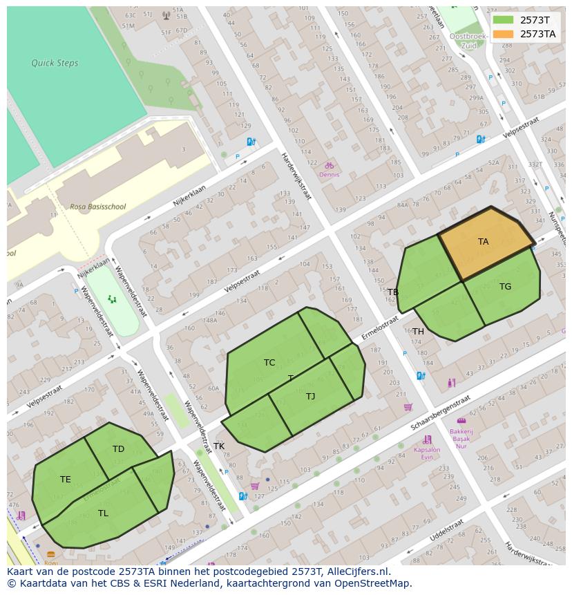 Afbeelding van het postcodegebied 2573 TA op de kaart.
